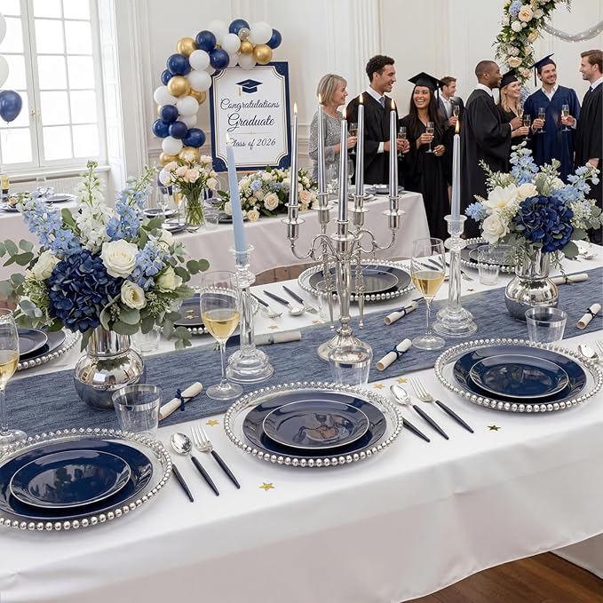 KIRE 175Pcs Blue Plastic Plates with Silver Rim & Disposable Silverware with Blue Handle & Silver-rim Cups & Hand Napkin & Plastic Dinnerware for Parties/Wedding/Graduation/Memorial Day/Father's Day