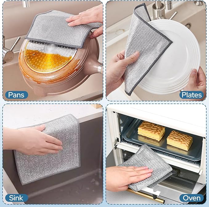 12PCS Three Layer Steel Wire Dishcloth, Multi-Functional Non-Scratch Wire Dishcloth, Wet and Dry Cleaning Rags, Stainless Steel Cleaning Cloth, Kitchen Rags for Cookware, Plates, Stove Tops