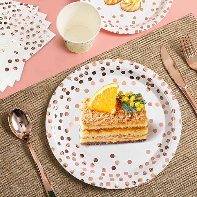 HOMIX 175 Pieces Rose Gold Party Supplies - Rose Gold Dot on White Paper Plates and Napkins Cups Silverware Serves 25 Sets for Wedding Bridal Shower Engagement Birthday Parties