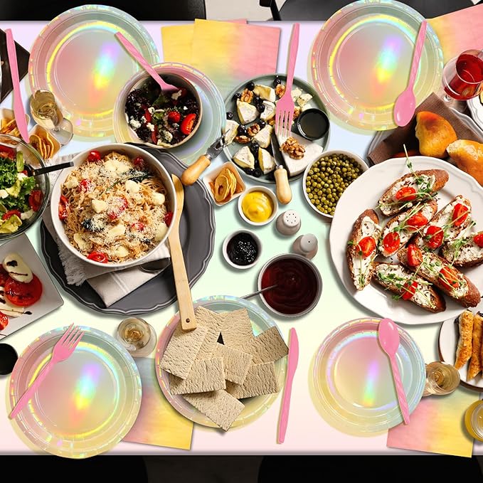 Iridescent Rainbow Party Decorations - Serve 25, Holographic Pastel Paper Plates and Napkins, Disposable Iridescent Rainbow Plates, Cups, Napkins for Girls Birthday, Wedding, Baby Shower
