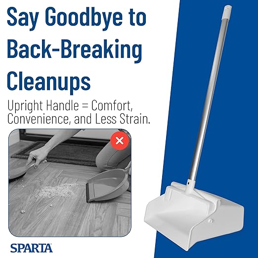 SPARTA Upright Dustpan with Aluminum Handle, Serrated Edge for Broom Combing, Secure Yoke Lock with Easy Storage Hanging Hole for Commercial Cleaning, Plastic, 30 Inches, White