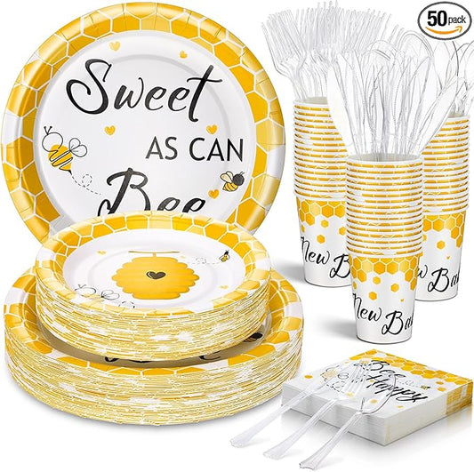 FillTouch 350 Pcs Bee Party Tableware for 50 Guests Baby Shower Bee Paper Plates Disposable Napkins Cups Plastic Knives Fork Spoon for Birthday Wedding