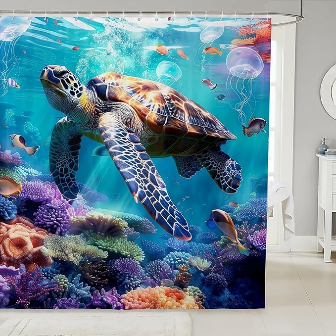 Sea Turtle Waterproof Shower Curtain 72"Wx78"L Fish Coral Bath Curtain Marine Life Shower Curtain for Kid Child, Underwater World Shower Curtain Stall Ocean Reptile Clawfoot Tub Decor Teal Blue Purple