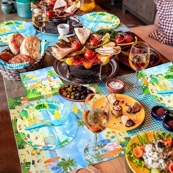 96 Pieces Summer Beach Tableware Set Party Supplies - Tropical Themed Disposable Dinnerware with Paper Plates, Napkins, and Forks for Picnics, Birthdays, Pool Celebrations - Serves 24