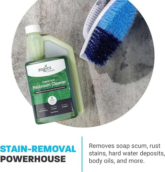 Zogics Organic Acid Restroom Cleaner, 32 oz Bottle Makes up to 16 Quarts - Meets ECOLOGO Standards