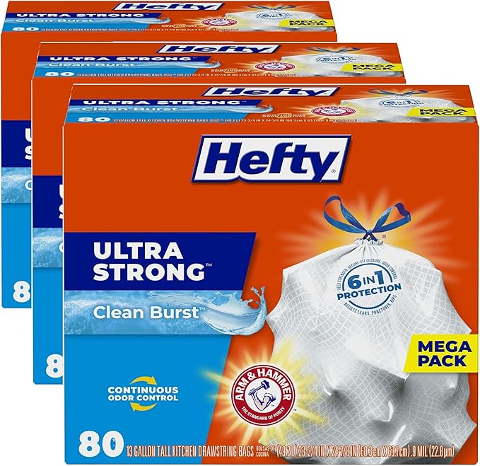 Hefty Ultra Strong 13 Gallon Trash Bags, Tall Kitchen Trash Bags 13 Gallon Size, Drawstring Closure, Continuous Odor Control, White, Clean Burst Scent, 80 Bags (Pack of 3)
