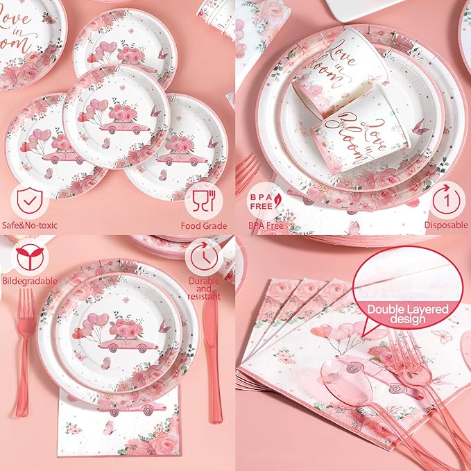 Love in Bloom Bridal Shower Decorations,168pcs Bridal Shower Plates and Napkins Sets Serves 24 for Pink Floral Wedding Party Supplies,Spring Love in Bloom Party Decorations, Baby Girl Shower