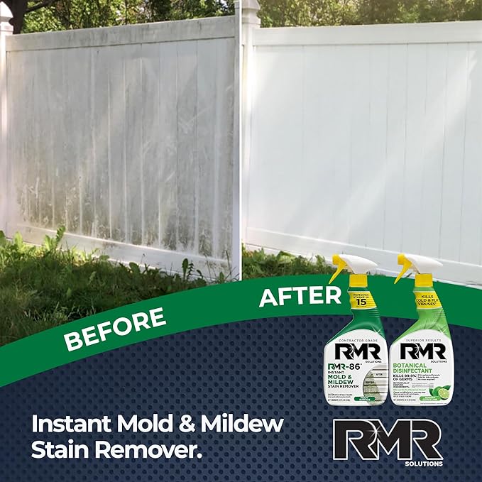 RMR Stain & Sanitation System –Instant Mold & Mildew Stain Remover + Botanical Disinfectant Cleaner, Indoor/Outdoor Cleaning Kit for Kitchens, Bathrooms, Furniture, Siding, & Deck, 2–32 Oz Bottles