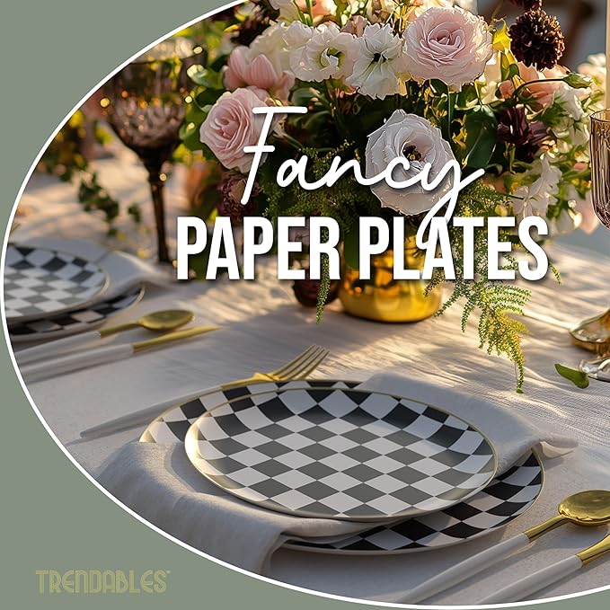 Trendables Heavy Duty Paper Plates Bulk 40 Pcs Disposable Party Plates - 20 X 8 Inch Dessert Plate & 20 X 10 Inch Paper Plate Checkered decor, black and white party decorations, race car decorations