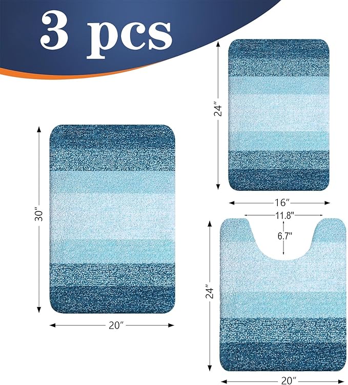 OLANLY Bathroom Rugs Sets 3 Piece, Soft Absorbent Microfiber Bath Mats and U-Shaped Contour Toilet Rug, Plush Shaggy Bath Mat Set for Bathroom (30"x20"+24"x16"+24"x20", Peacock Blue)