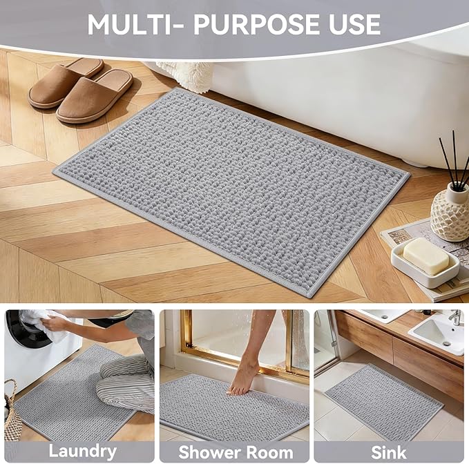 Bathroom Rugs Mat 16x24, Extra Soft Absorbent Chenille Bath Rug, Non Slip PVC Backing Washable Quick Dry Bath Mats for Bathroom Fit Under Door, Tub, Shower, Sink, Home Decor Accessories, Grey