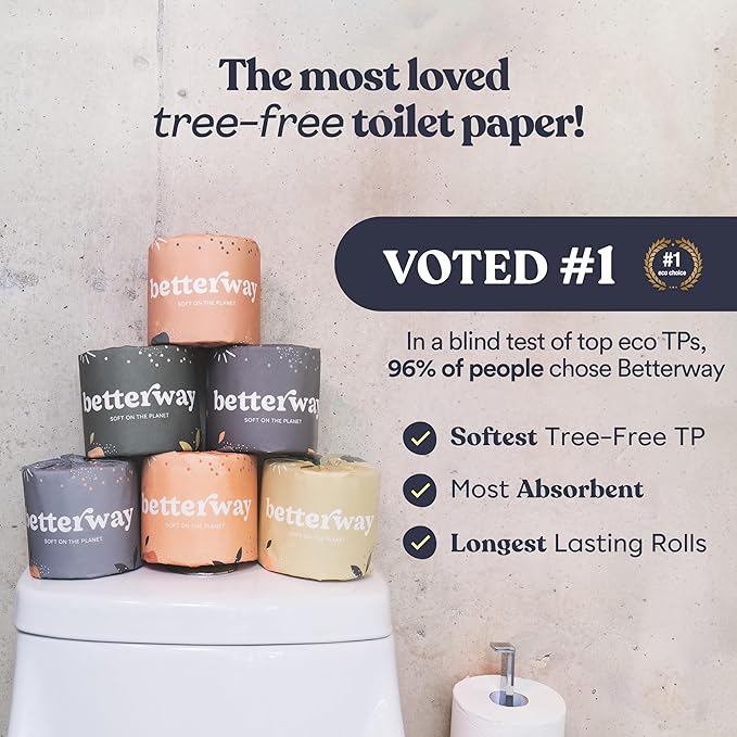 Betterway Bamboo Toilet Paper 3 Ply - Sustainable Toilet Tissue - 12 Long-Lasting Rolls & 360 Sheets Per Roll - Septic Safe - Organic, Plastic & PFAS Free - FSC Certified