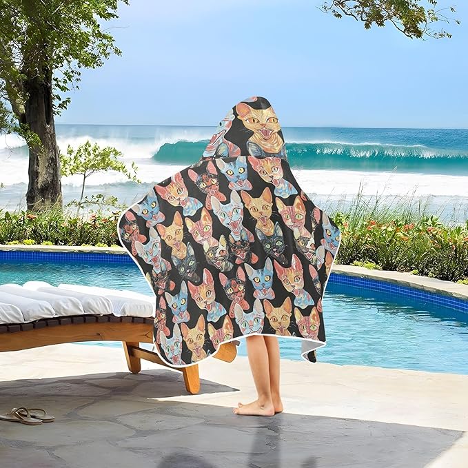 Kid Beach Towel Aesthetic Devon Rex Cats Black Boys Hooded Beach Towel Absorbent Bath Towels with Hood