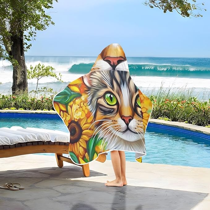 SUABO Kids' Bath Towels Sunflower Cat Hooded Towels for Boys Girls,Toddler Towels Multi-Purpose for Beach,Pool and Bathroom,23.5" x 50", Soft and Highly Absorbent
