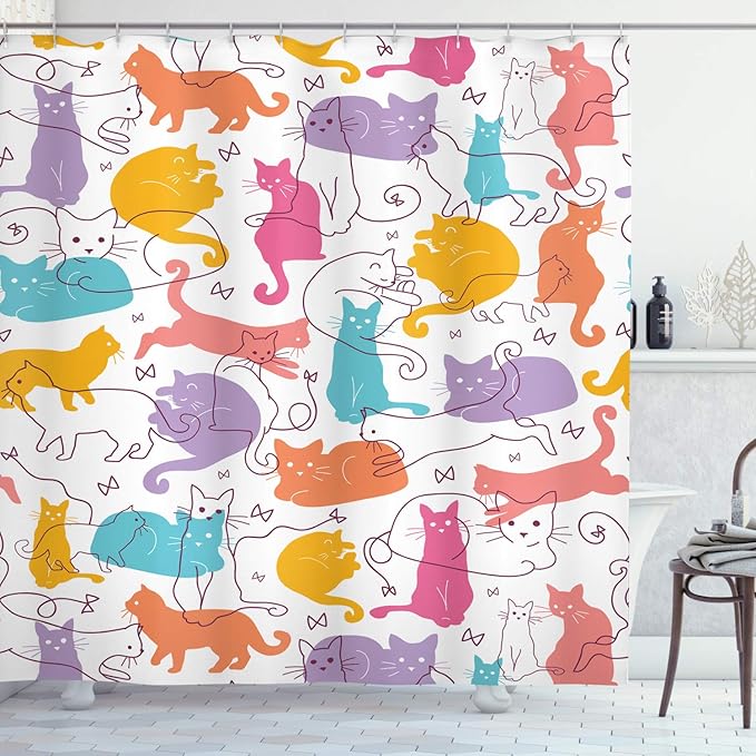 Ambesonne Cat Shower Curtain, Colorful Cats Jumping Playing Sitting Relaxing Feline Joyful Modern Line Art, Cloth Fabric Bathroom Decor Set with Hooks, 69" W x 84" L, Mustard Purple