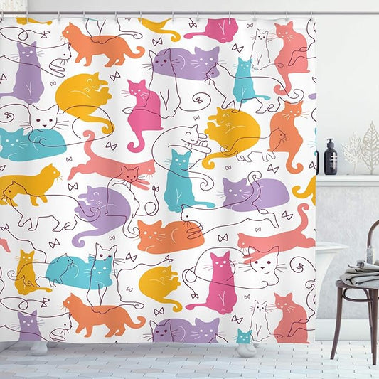 Ambesonne Cat Shower Curtain, Colorful Cats Jumping Playing Sitting Relaxing Feline Joyful Modern Line Art, Cloth Fabric Bathroom Decor Set with Hooks, 69" W x 84" L, Mustard Purple