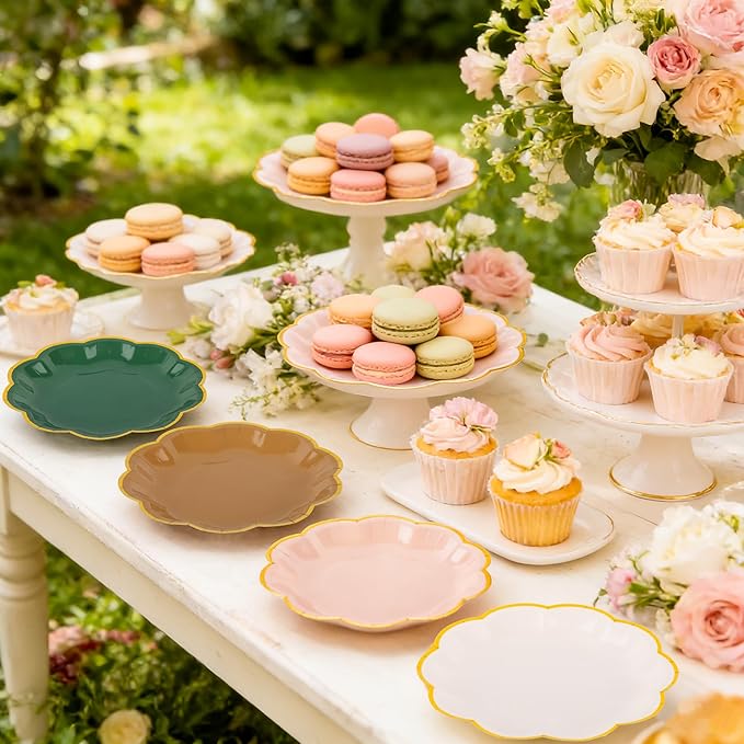 AimFun 24Pcs Woodland Scalloped Party Plates 7 Inch Sage Green Brown Disposable Dessert Plates Gold Foil Border Paper Plates for Birthday Baby Shower Wedding Forest Themed Party Supplies