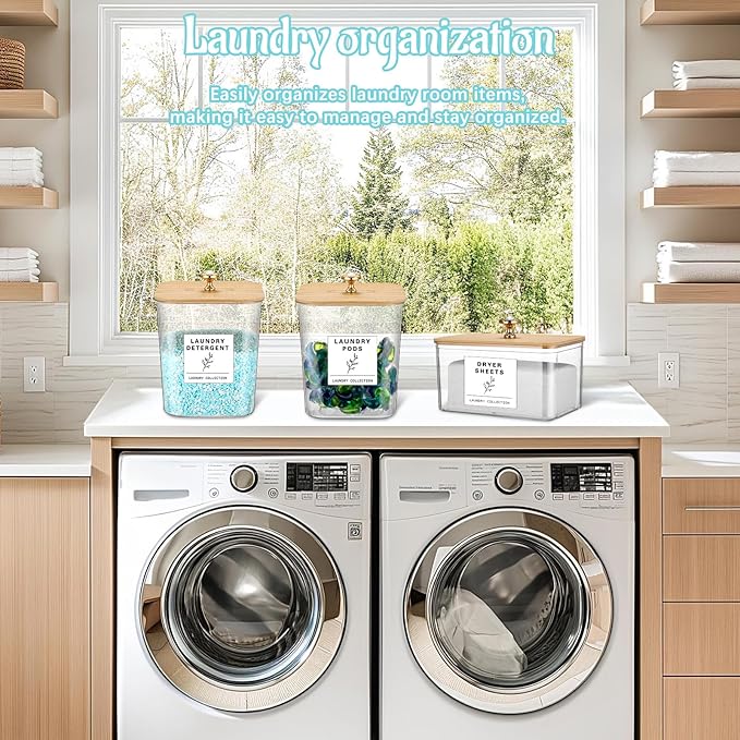Reallnaive 5 Pcs Laundry Room Organization Storage Containers 4 Large 3L Laundry Pod Containers and Dryer Sheet Holder with Bamboo Lids 18 Labels 4 Scoops for Detergent Powder Laundry Organizer