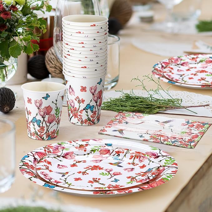 Sinmoe 400 Pcs Spring Plates and Napkins Set Paper Flower Dinnerware Disposable Party Supplies for 50 Guest Dinnerware Knife Fork Spoon for Spring Birthday Party(Multicolor,Bird)
