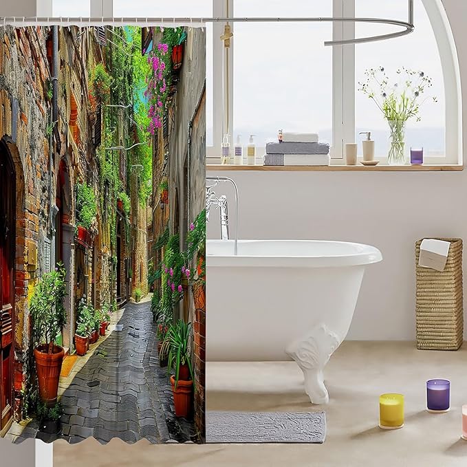 Floral Bath Curtain European Town Shower Curtain For Kids Boys Girls Tuscan House Building Bathroom Shower Curtain Set Cobblestone Alley Italian Street Waterproof Shower Curtain with Hooks 72x78 Inch