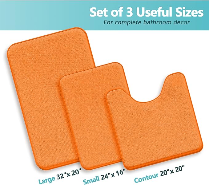 Orange Memory Foam Bath Mat Set Extra Soft Bathroom Rugs 3 Piece Non Slip Absorbent & Dry Living Mat Sets Washable Bath Carpets with Toilet Rug,Bath Rugs for Bathroom,Tub,Shower,Kitchen,Bedroom