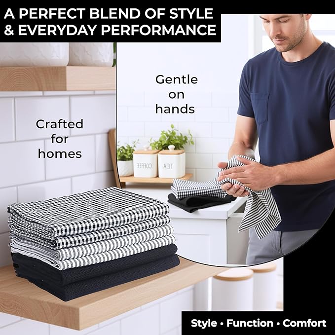 Cotton Dish Towels For Kitchen Drying - Highly Absorbent Black Striped Gingham Plaid Tea Towels - 18"X28" Set Of 6 Farmhouse Linen Dishtowels In Bulk - Pano De Prato Para Cozinha - T Towles Towls