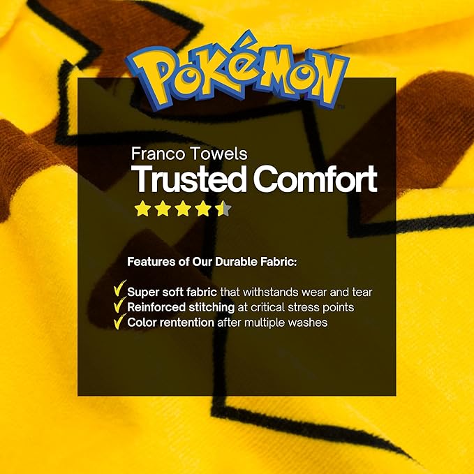 Pokemon Pikachu Kids Super Soft Bath/Pool/Beach Soft Cotton Terry Hooded Towel Wrap, 24 in x 50 in, (Officially Licensed Product) By Franco