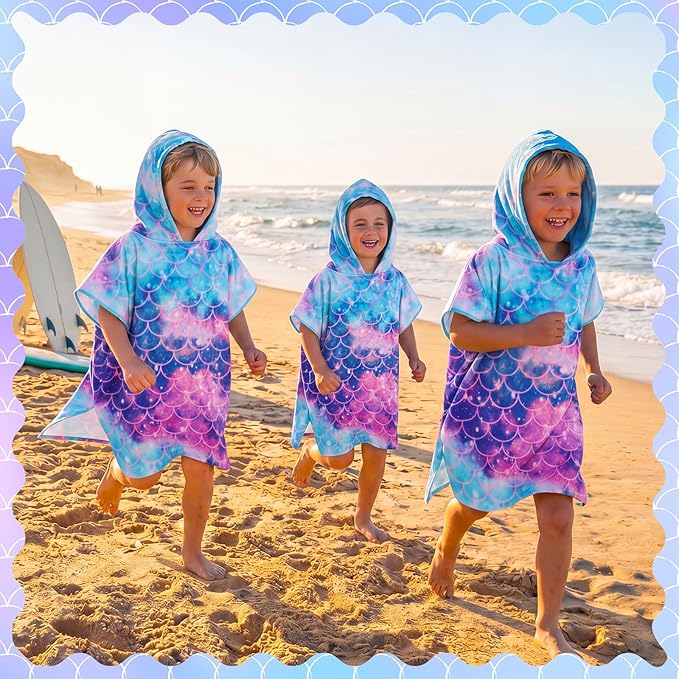 Fanfanwin Hooded Bath Towel for Girls Cotton Mermaid Bath Hooded Poncho 37.8x23.62 Inches Mermaid Poncho with Snap Buttons Hood Soft Rapid Dry for Home Swim Travel Beach Pool Under The Sea Party Gifts