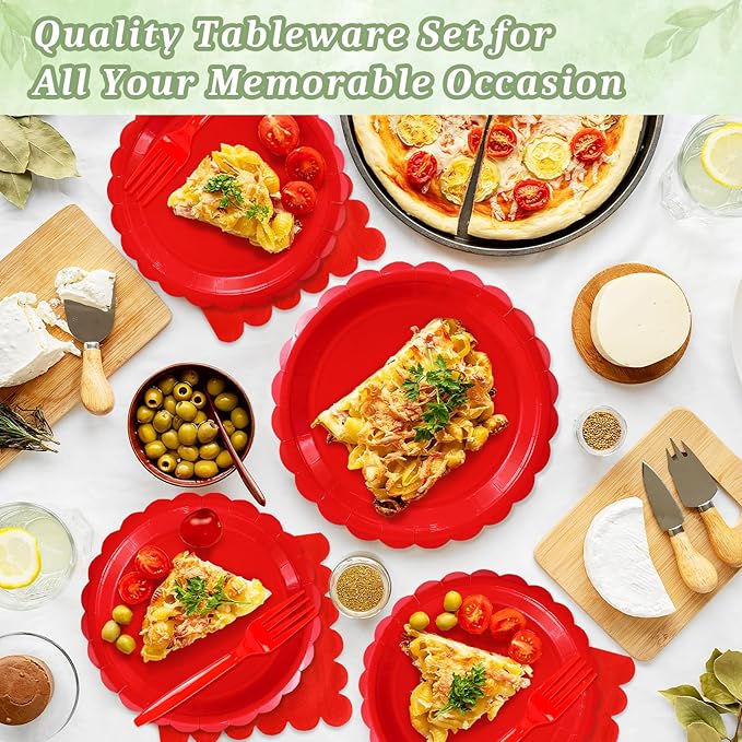 Mulbozy 100 Red Plates and Napkins Disposable Set Includes 25-9" & 25-7" Dessert Cake Scalloped Plates, Cocktail Napkins, Forks for for Holiday Party Supplies