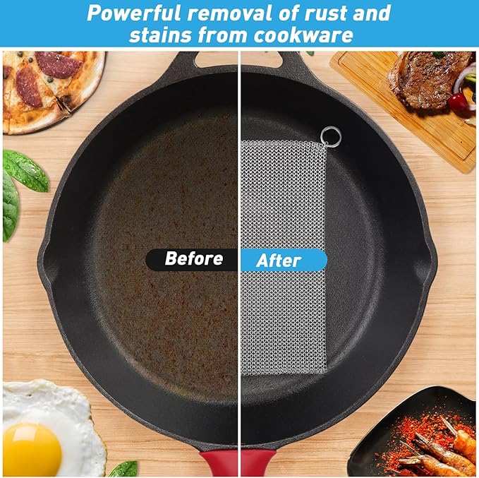 Cast Iron Cleaner & Chainmail Skillet Scrubber - 16''x16'' 3.8mm Small Ring, 316L Stainless Steel Interlocking Mesh Sheet, Flexible Chainmail Panel, Fine Linked Ring Fabric, Woven Ring Net