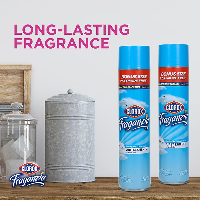 Clorox Fraganzia Aerosol Air Freshener Spray in Morning Sky Scent - Long-Lasting Odor Eliminator and Room Freshener for Home, Bathroom, Bedroom, and Kitchen, 20 oz Bonus Size - 12 Pack
