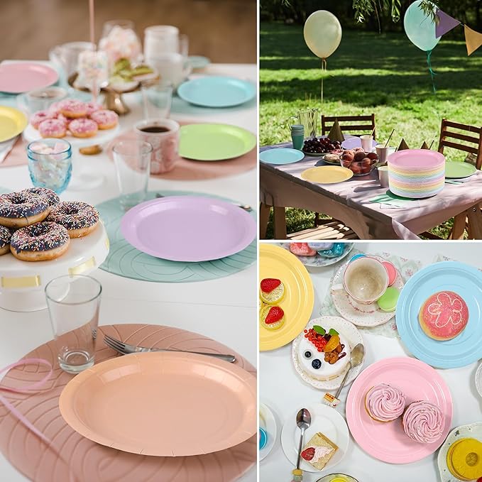 Kochorie 150 Pieces Pastel Rainbow Disposable Paper Plates 9 Inch Heavy Duty Dinner Plates, Solid Color, Table Decorations Party Supplies for Birthdays, Weddings, Daily Use