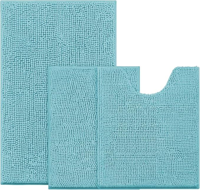 BYSURE Aqua Blue Bathroom Rugs Sets 3 Piece Non Slip Extra Absorbent Plush Chenille Soft Washable Bath Mats