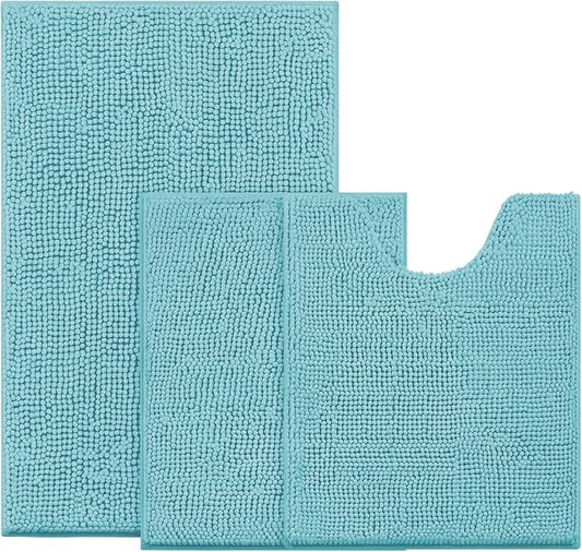 BYSURE Aqua Blue Bathroom Rugs Sets 3 Piece Non Slip Extra Absorbent Plush Chenille Soft Washable Bath Mats