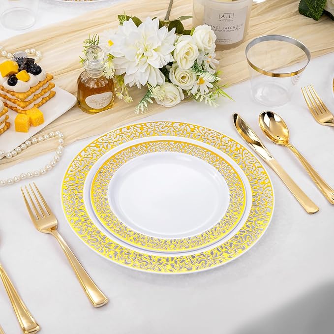 WELLIFE 210Pcs Gold Plastic Dinnerware - Disposable Silverware and Cups, Include:30 Dinner Plates, 30 Dessert Plates, 30 Paper Napkins, 30 Cups, 30 Gold Plastic Cutlery Set for Party and Wedding