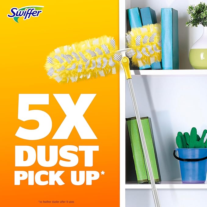 Swiffer Duster Kit with 6 ft Super Extendable Handle, Heavy Duty Starter Kit with 8 Refills, Lemon Scent