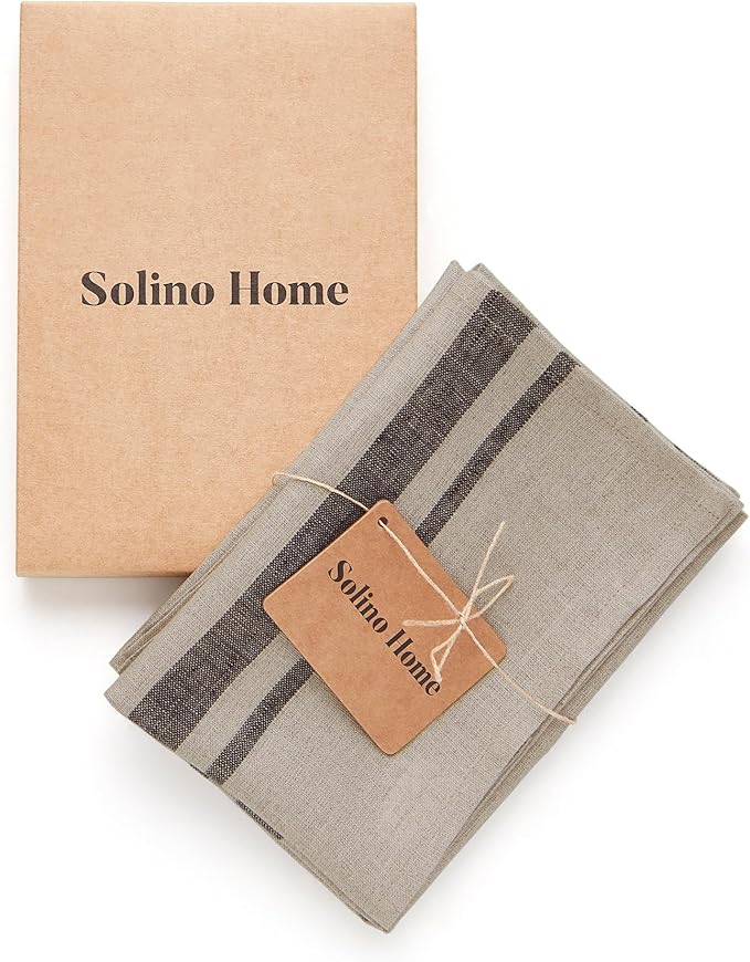 Solino Home Black and Natural Linen Kitchen Towels Set of 2-100% Pure Linen 17 x 26 Inch French Stripe Tea Towels with Hanging Loop - European Flax Kitchen Dish Cloth - Quick Dry & Machine Washable
