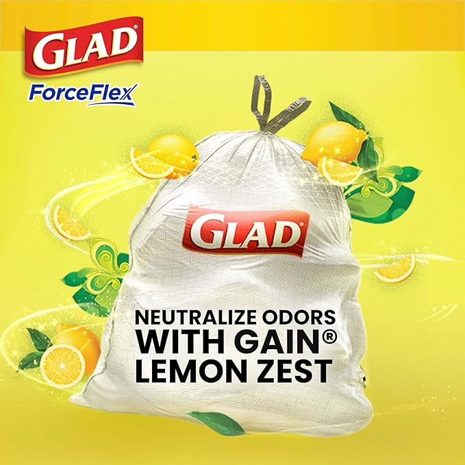 Glad ForceFlex Trash Bags 13 Gallon Gain Lemon Zest | Tall Kitchen | Drawstring | Dual Layer Protection | 40 Count, Pack of 6