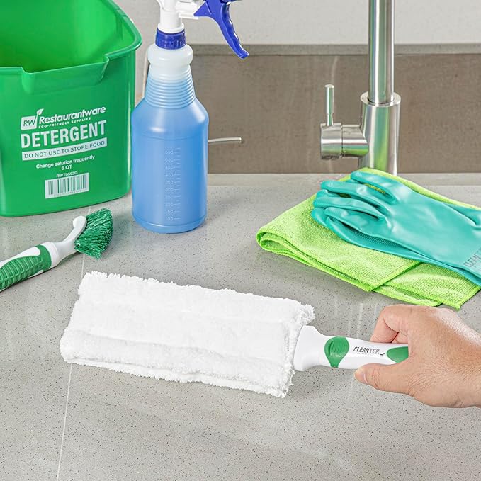 Restaurantware Duster 10 Pack of 14.7 x 3.4 x 1.1 Inch Cotton Duster Washable Multipurpose Cleaning Tool Non-Slip Handle Green and White Dust Remover Tool