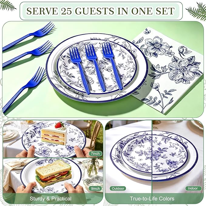 100 Pcs Blue and White Floral Party Supplies for 25 Guests, Heavy-Duty 7" & 9" Paper Plates, 2-Ply 13" Napkins & Plastic Forks, Disposable Tableware Set for Bridal Baby Shower and Tea Party