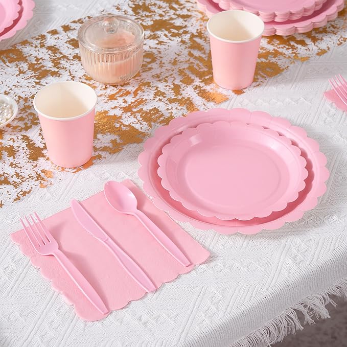 Fijinhom Pink Paper Plates Set, 175 PCS Party Supplies, Disposable Dinnerware Set for 25 Guests, Pink Paper Plates Napkins Cups Plastic Forks Knives Spoons for Christmas