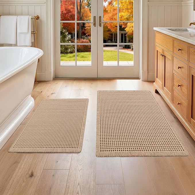 DWCN Set of 2 Waffle Boho Bathroom Mats, Non Slip Bath Rug Set for Bathroom Floor, Super Absorbent Shower Mats for Tub, Washable Kitchen Rugs for Farmhouse Home Decor, 20" x 32" Plus 24" x 48", Brown