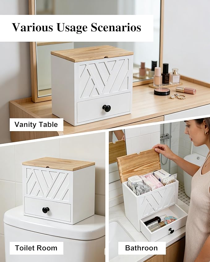Tampon Holder for Bathroom Decor Feminine Product Organizer With Lid & Drawer Shark Week Box Girl Stuff (1, WHITE)