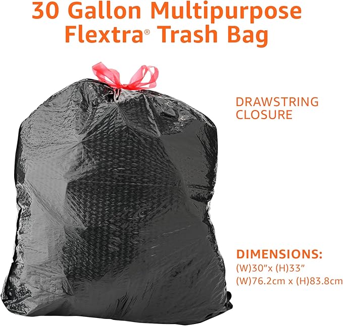 Amazon Basics Flextra Multipurpose Drawstring Trash Bags,30 Gallon,50 Count (Pack of 6)