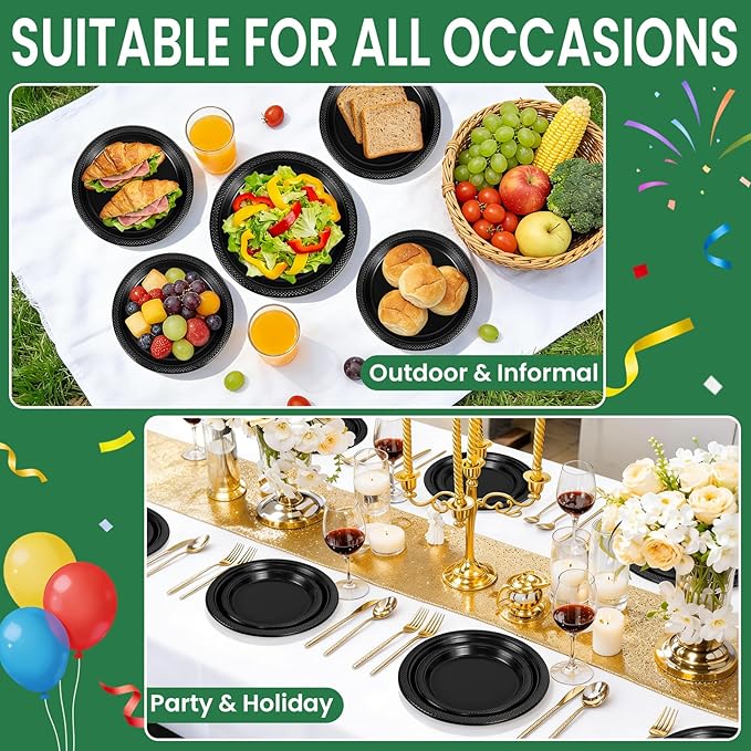 LANLISA 50 Pcs Black Plastic Plates For Party, 25-9" & 25-7" Disposable Cake Dessert Plates For Birthday, Graduation, Halloween Dinner