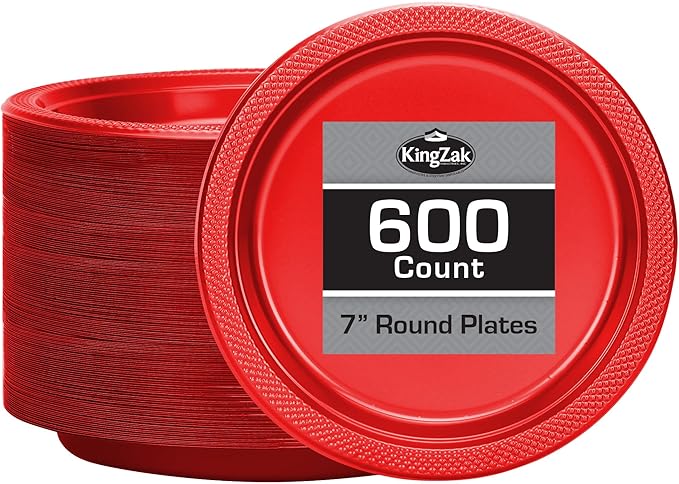 Hanna K. Signature Red Plastic Plates 7 Inch 600 Count – Heavy Duty Disposable Dessert Plates Bulk for Catering, Weddings & Events