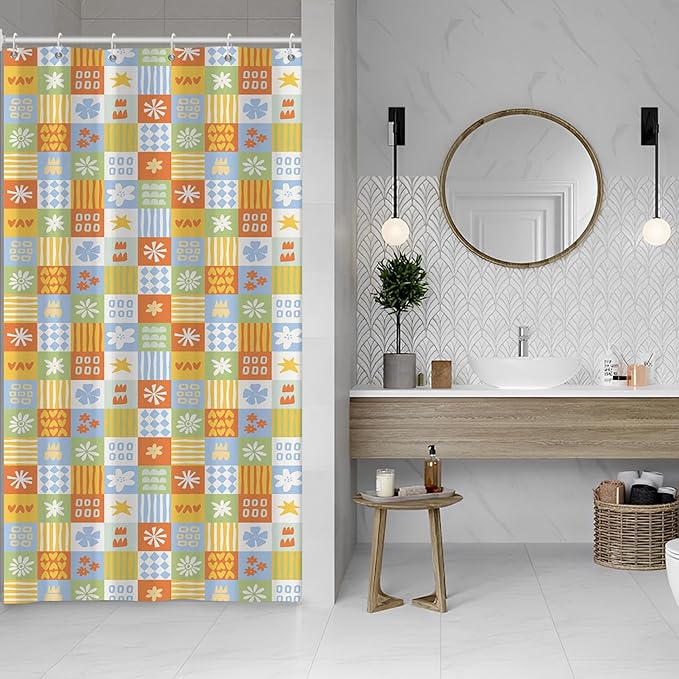Boho Checkered Floral Shower Curtain Set Multicolored Geometric Flower Print Shower Curtains for Bathroom Waterproof Fabric Bathtub Decorations with Hooks 36x72 Inches
