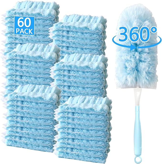60 Pack Duster Refills Kit Disposable for Swiffer Duster Handle,360° Deep Cleaner Heavy Duty Replacement with 1 Handle,for Home, Blinds, Car, Pet, Furniture, Fans(Blue)