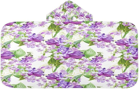 CEBUGI Purple Flowers Hooded Bath Towel for Kids Absorbent Soft Bath Towel Wrap with Hood 50x23.5in Pool Beach Shower Towel for Boys Girls