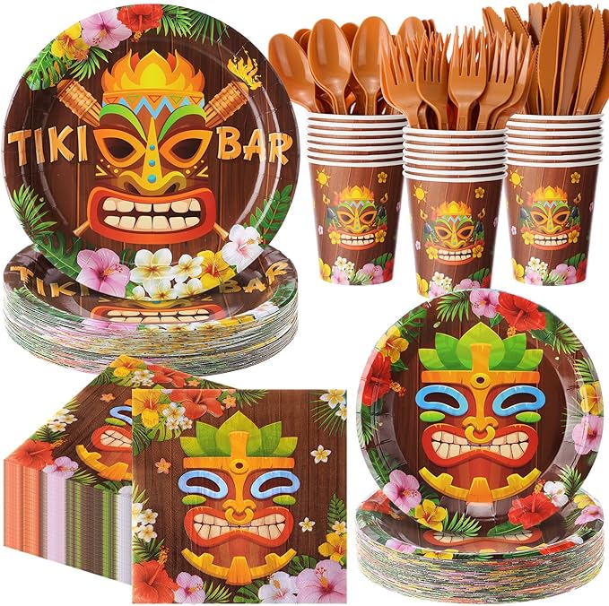 Pickmesh 400 Pcs Hawaiian Tiki Bar Party Supplies - Disposable Tiki Plates and Napkins, Cups and Cutlery Party Favor Hawaiian Luau Decorations for 50 Guests